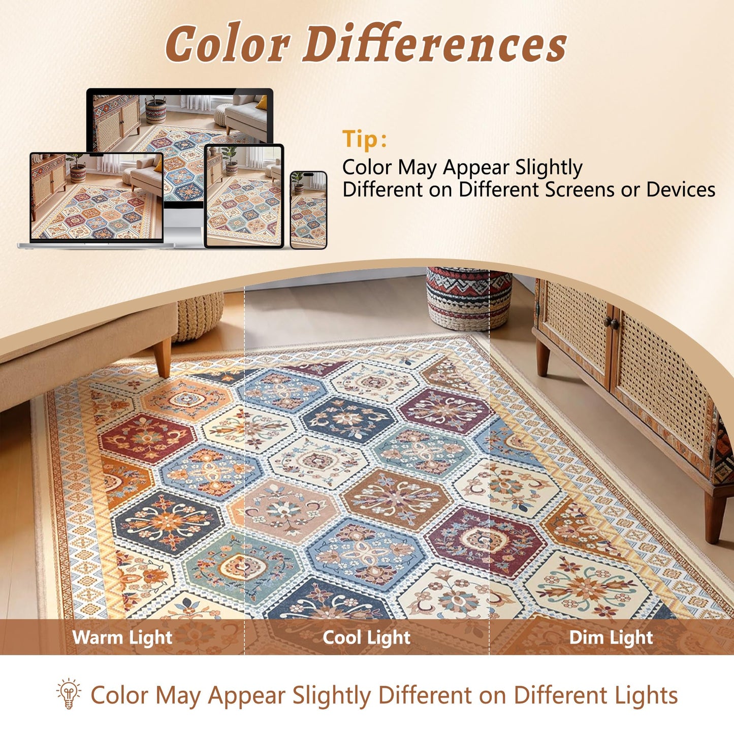 TTelephant Area Rugs 5x7, Washable Rugs for Living Room, Soft Non-Slip Boho Moroccan Rug, Low-Pile Printed Carpet for Bedroom, Dining Room, Playroom -Multi