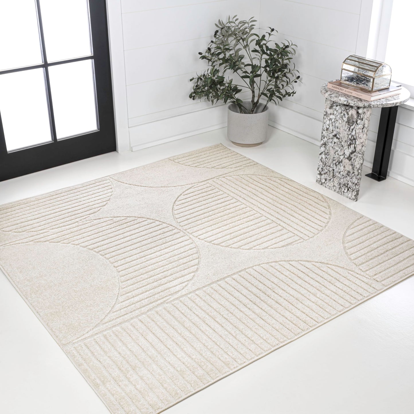JONATHAN Y Nordby High-Low Arch Striped Ivory/Cream 5x5 Square Indoor/Outdoor Area Rug, Pet Friendly, Non-Shedding, Stain Resistant, Easy-Cleaning for Backyard, Patio (SCN104B-5SQ)