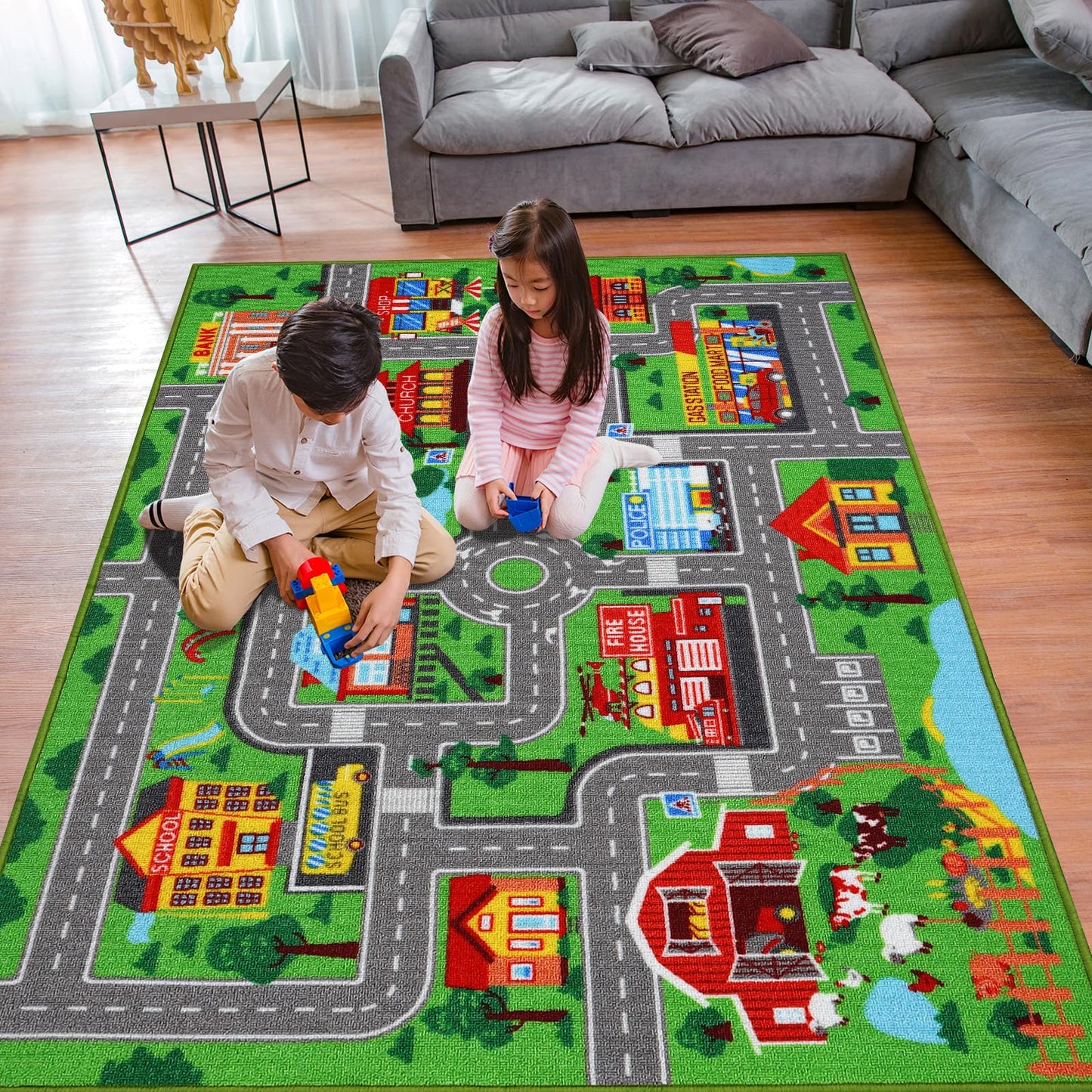 Kids Rug Car Carpet 78.7"x59", Car Rug for Kids Room Playroom Bedroom, Non-Slip Town City Road Map Rugs, Track Car Mat for Kids Boys Girls (78.7X59Inch,Green)