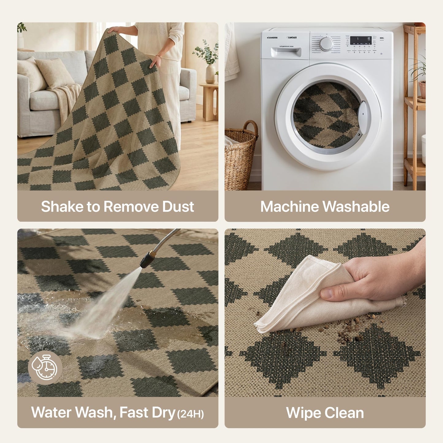 Bavni Checkered Easy Jute Rug,3x5 Area Rug Machine Washable Non Slip Woven Plaid Carpet, Geometric Diamond Non Shedding Low Pile Modern Farmhouse Floor Mat for Living Room, Bedroom, Entryway