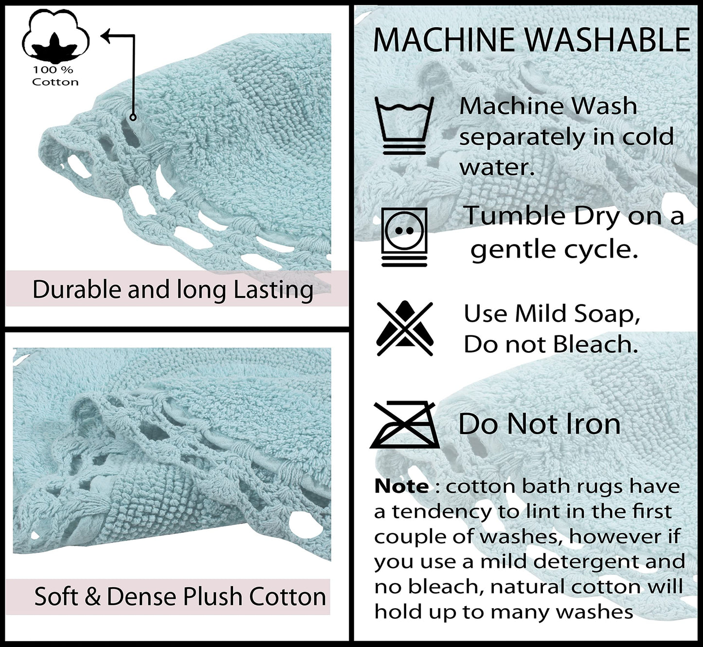 Home Weavers Hampton Crochet Reversible Bathmat 100% Cotton Bathroom Rug, Machine Washable Rug, Extra Soft and Absorbent Bath Rug, Kitchen Mat, 21"x54" Runner, Aqua