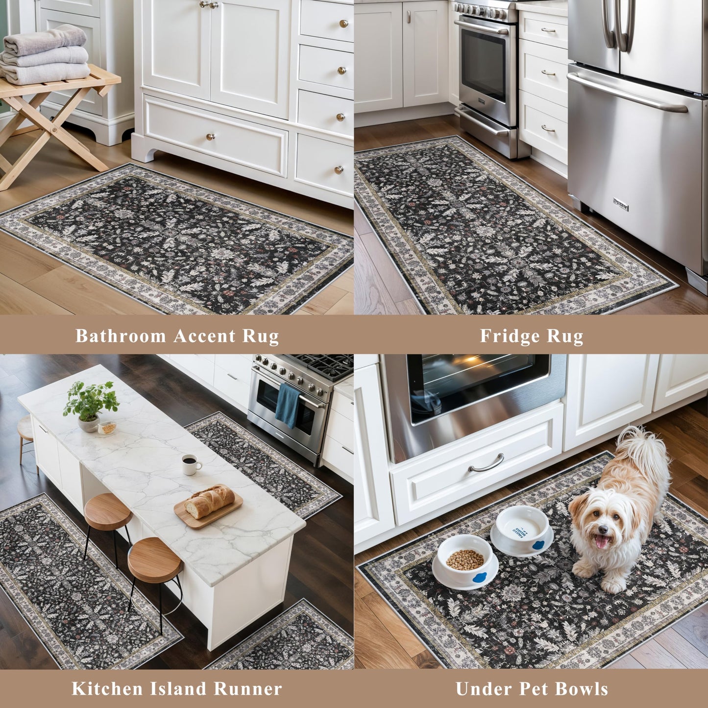 3-Piece Washable Kitchen Rug Set of 3 with Runner – Non-Slip Boho Kitchen Mats for Hardwood Floor, Sink & Entryway & Bathroom, Home Decor (Black,2x3+2x4+2x5)