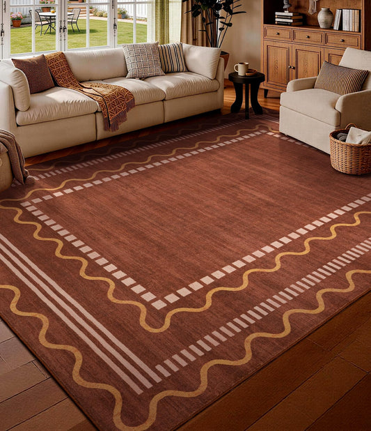YIHOUSE Burnt Orange Scalloped Bedroom Rugs 5x7, Non-Slip Washable Farmhouse Border Rug for Living Room, Low-Pile Indoor Carpets, Stain-Resistant Vintage Rusty Rugs for Dining Room, Office