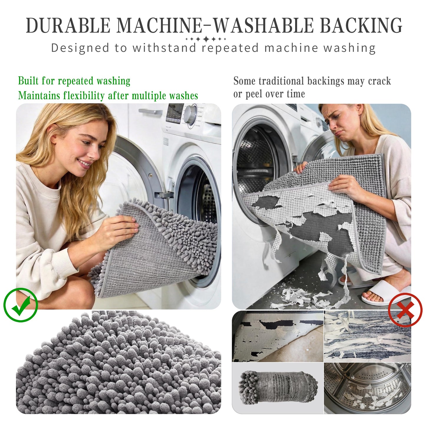 Yimobra Bathroom Rugs Non-Slip Washable – Extra Soft & Absorbent Chenille Bath Mat, Quick-Dry Plush Shaggy Floor & Vanity Bath Rugs for Tub & Shower, Modern Home Decor Accessories, 24 x 17, Grey