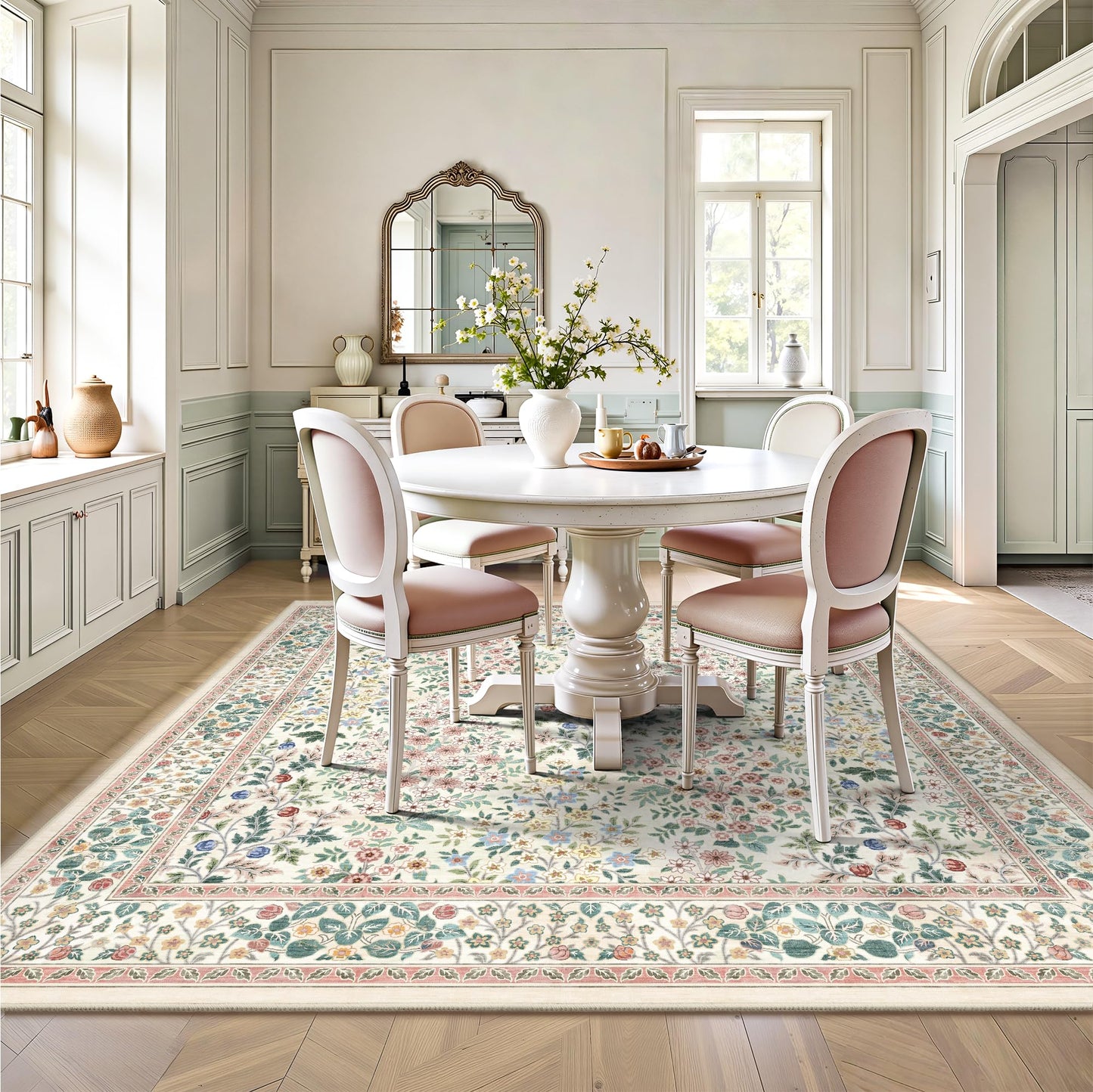 Yarooge 6x6 Square Area Rugs, Machine Washable Low Pile Floral Rugs for Living Room, Bedroom, Large Boho Area Rug with Non-Slip Backing for Dining Room(Pink Floral)