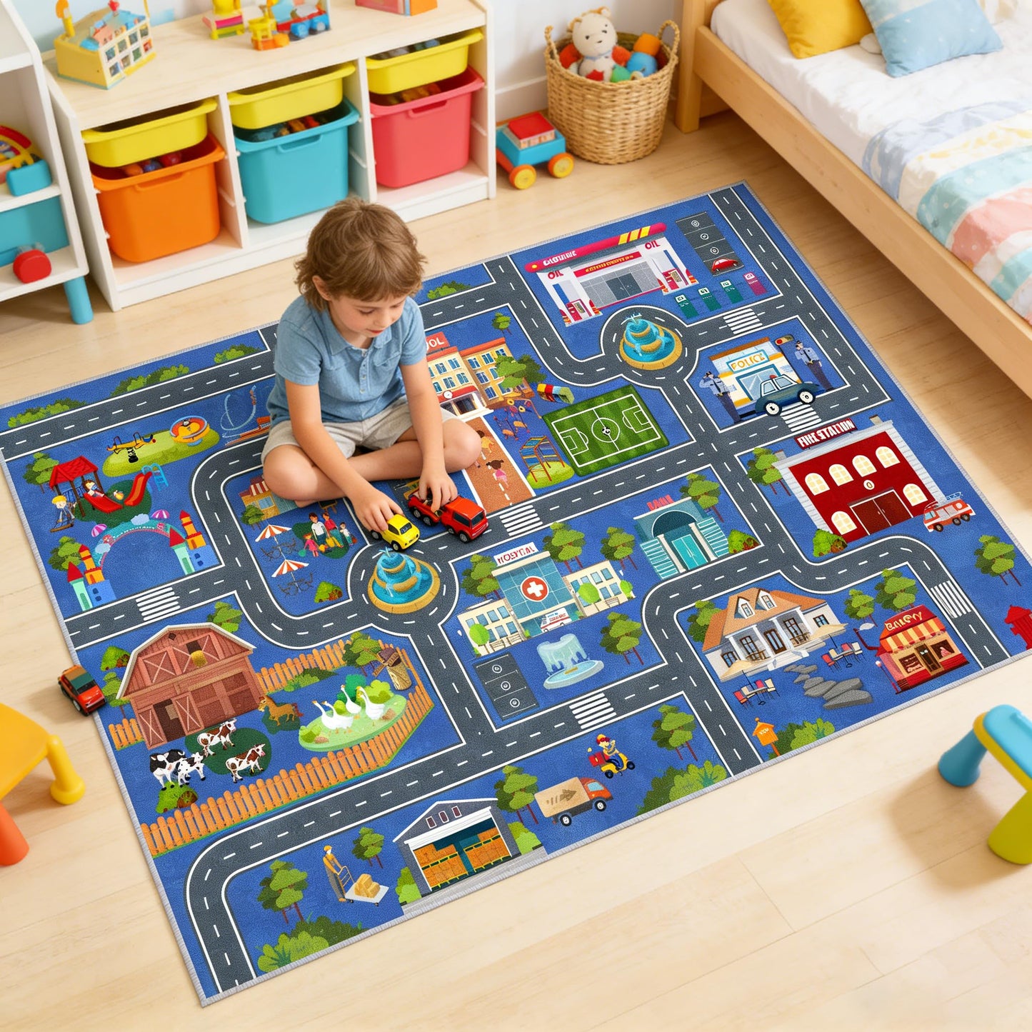 VNUVCOE Kids Road Car Rug, 31''x47'' Playroom Rugs City Road Race Track Rugs for Playing Cars Toys, Kids Car Rug Play Mat Road Carpet for Kid.