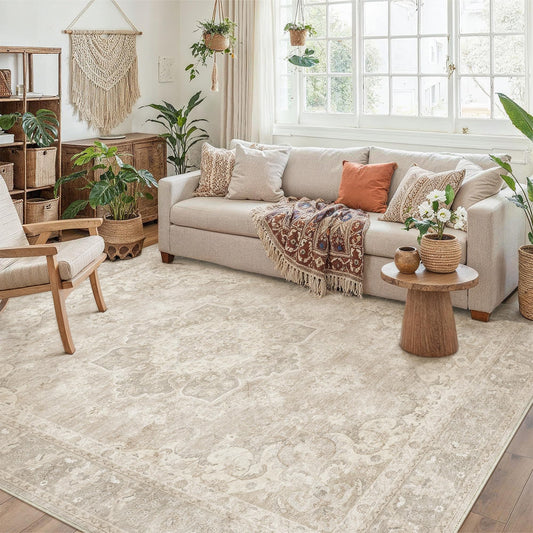 PureCozy Beige 5x7 Area Rug for Living Room Washable Vintage Carpet Non Slip Low Pile Indoor Bedroom Soft Retro Oriental Medallion Accent Throw Large Rug for Kitchen Dining Room Office