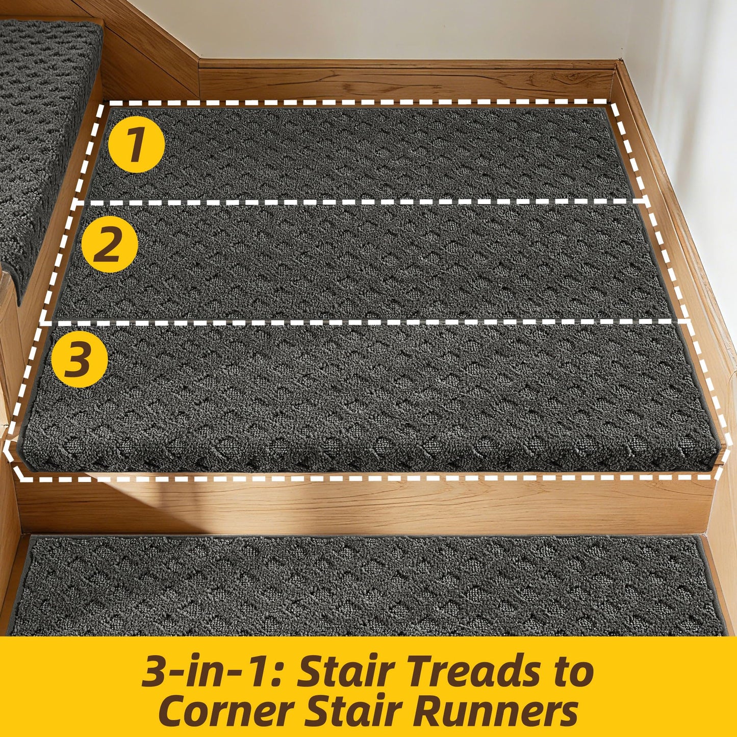 JSEI Bullnose Carpet Stair Treads, 14 Pcs Non Slip Stair Treads for Wooden Steps Indoor with TPE Backing, 11" x 30" Machine Washable Stair Runners with Edge Protection for Kids and Elders, Dark Grey