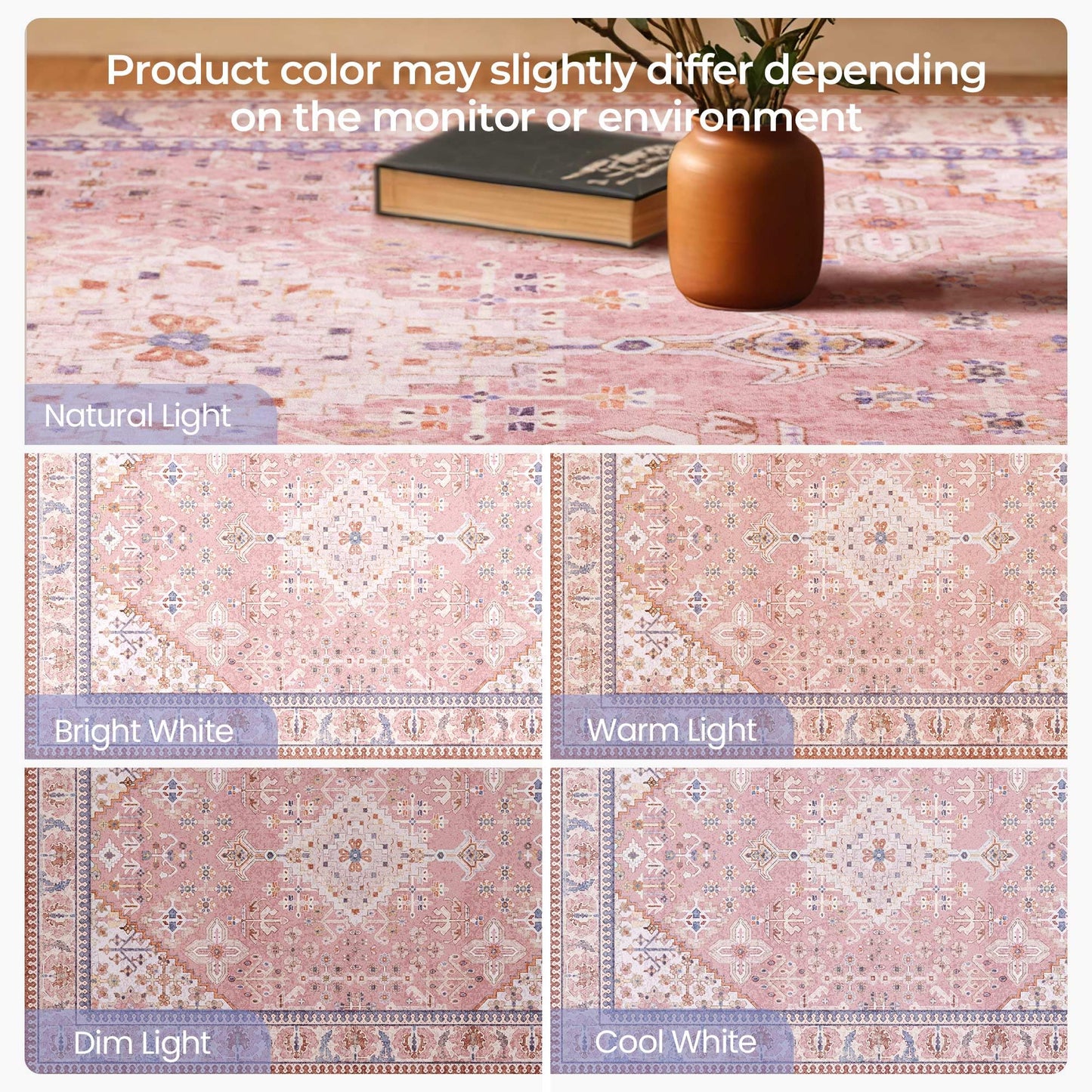 8x10 Area Rugs for Living Room, Machine Washable Low Pile Rug, Non Slip Backing Boho Rugs for Bedroom, Printed Soft Vintage Carpet Peach Pink 8 x 10