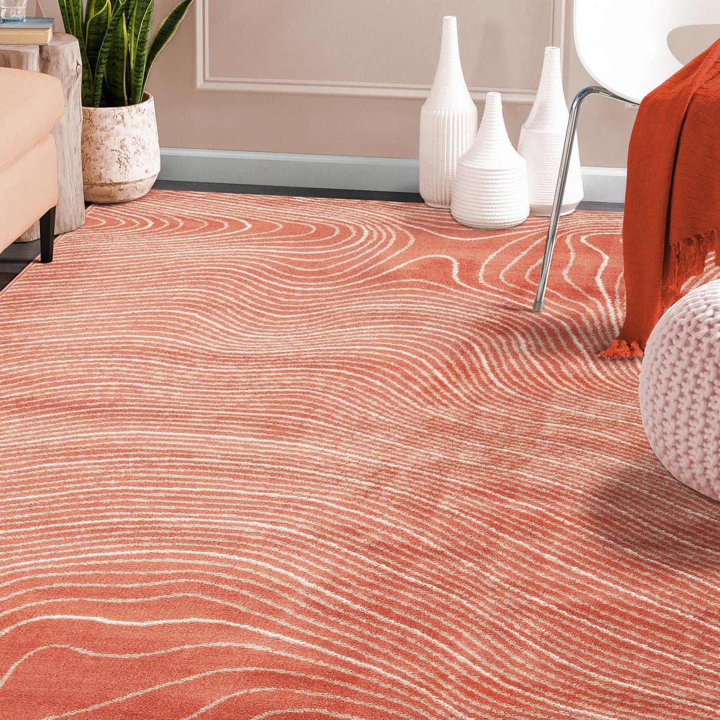 Superior Indoor Area Rug, Plush Carpet Cover, High-Traffic Rugs, Jute Backing, Hallways, Entry, Office, Living Room, Kitchen, Modern Abstract Wood Grain, Veer Collection, 5' x 8', Coral