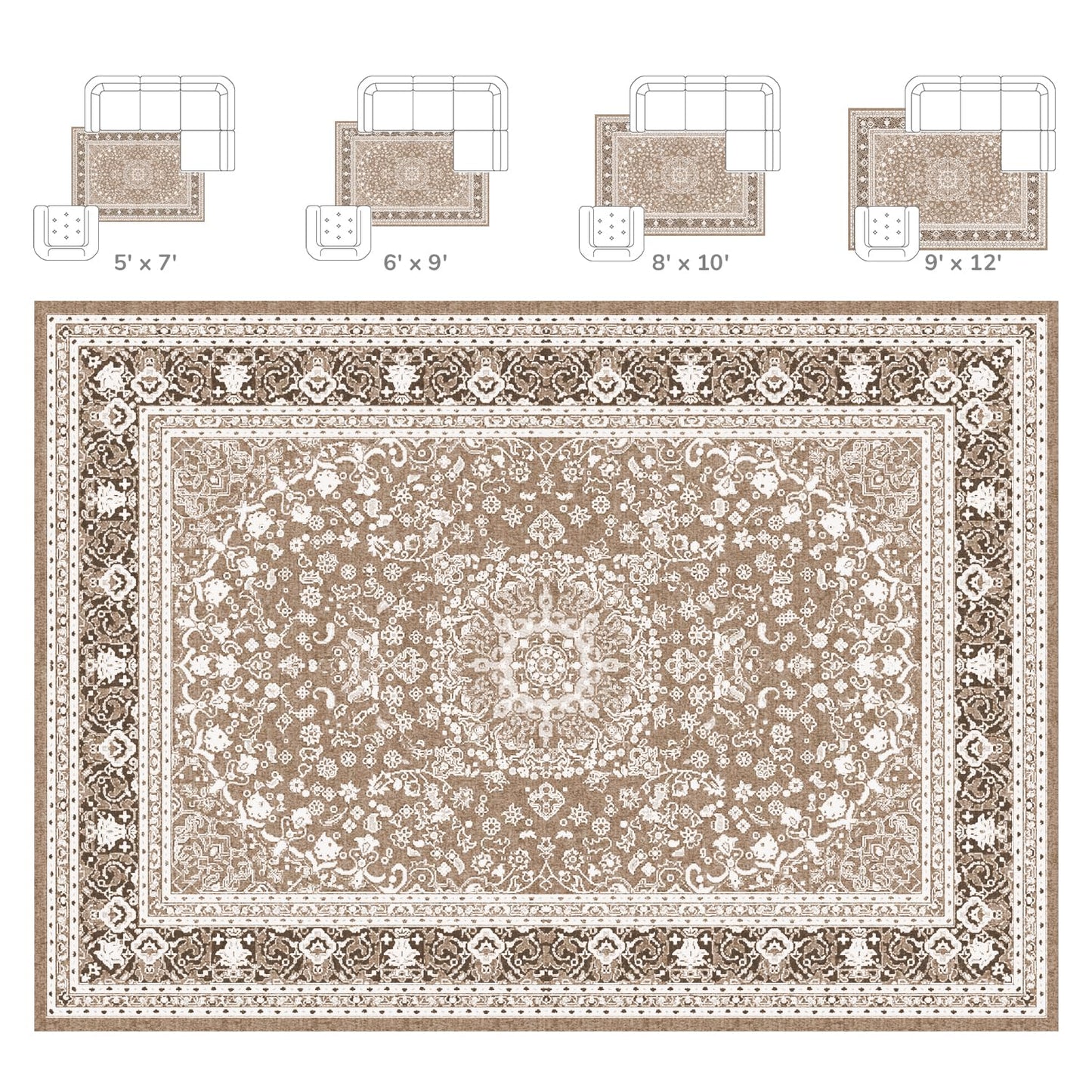 Lessymo 5x7 Area Rugs 5x7, Machine Washable Area Rugs, Super Soft Faux-Wool Area Rug for Living Room Bedroom, Boho Area Rug Vintage Floral Medallion, Non-Slip Low Pile, Kid & Pet Friendly,Brown White