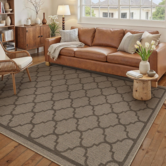 PureCozy 5x7 Geometric Figure Easy Jute Area Rug for Living Room Scalloped Washable Indoor Outdoor Carpet Farmhouse Patio Office Mat Geometric Non Slip Black Carpet for Backyard Dining Room