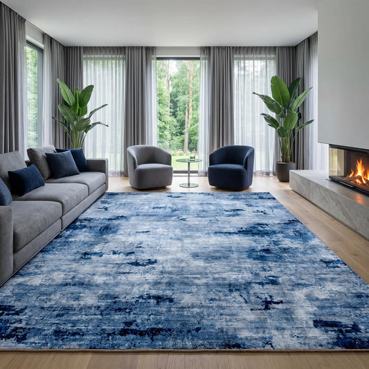 Cnythlis 8'x10' Washable Area Rugs for Living Room Bedroom, Pet Friendly Non Slip Low Pile Rug for Hardwood Floors High Traffic Areas, Modern Abstract Stain Resistant Carpet, Blue