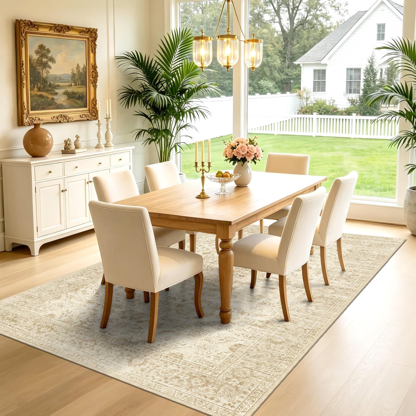 TTelephant Beige Living Room Rug, Neutral Vintage Boho Washable Rug 6x9 for Bedroom and Dining Room, Low Pile Large Carpets with Non-Slip Silicone Backing, Non-Shedding