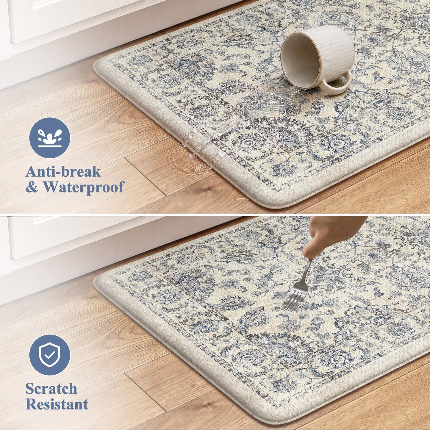 KIMODE Anti Fatigue Kitchen Mats for Floor, Boho Floral Kitchen Rugs 17"x29.5"+17" x47”, Cushioned Mats for Kitchen Floor, Non Slip Kitchen Floor Mats, Sink, Laundry, Office, Desk Blue Multi