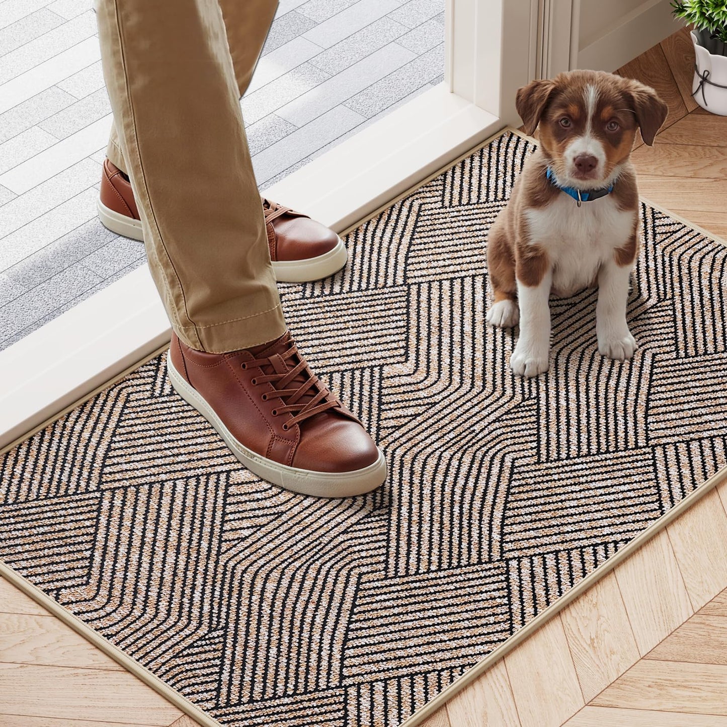Naoloture Indoor Door Mat 17"x30", Low-Profile Thin Welcome Front Door Mat Indoor Entrance, Non Slip Rubber Backing Inside Doormat Washable Entryway Dirt Resistant & Absorbent Entry Mat, Light-Brown