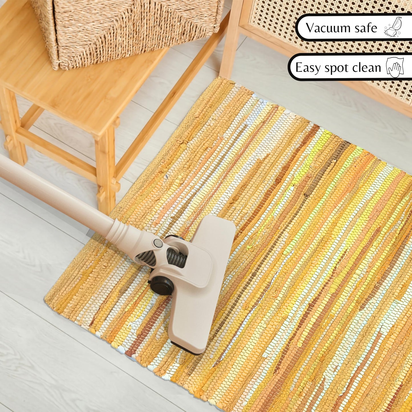 Ramanta Home 100% Cotton Hand Woven Tonal Chindi Rag Rug 2'x3' - Mustard, Recycled Reversible Rug, Boho Rustic Farmhouse Rugs for Living Room, Dinning Room, Kitchen Floor Mats - 24"x36"