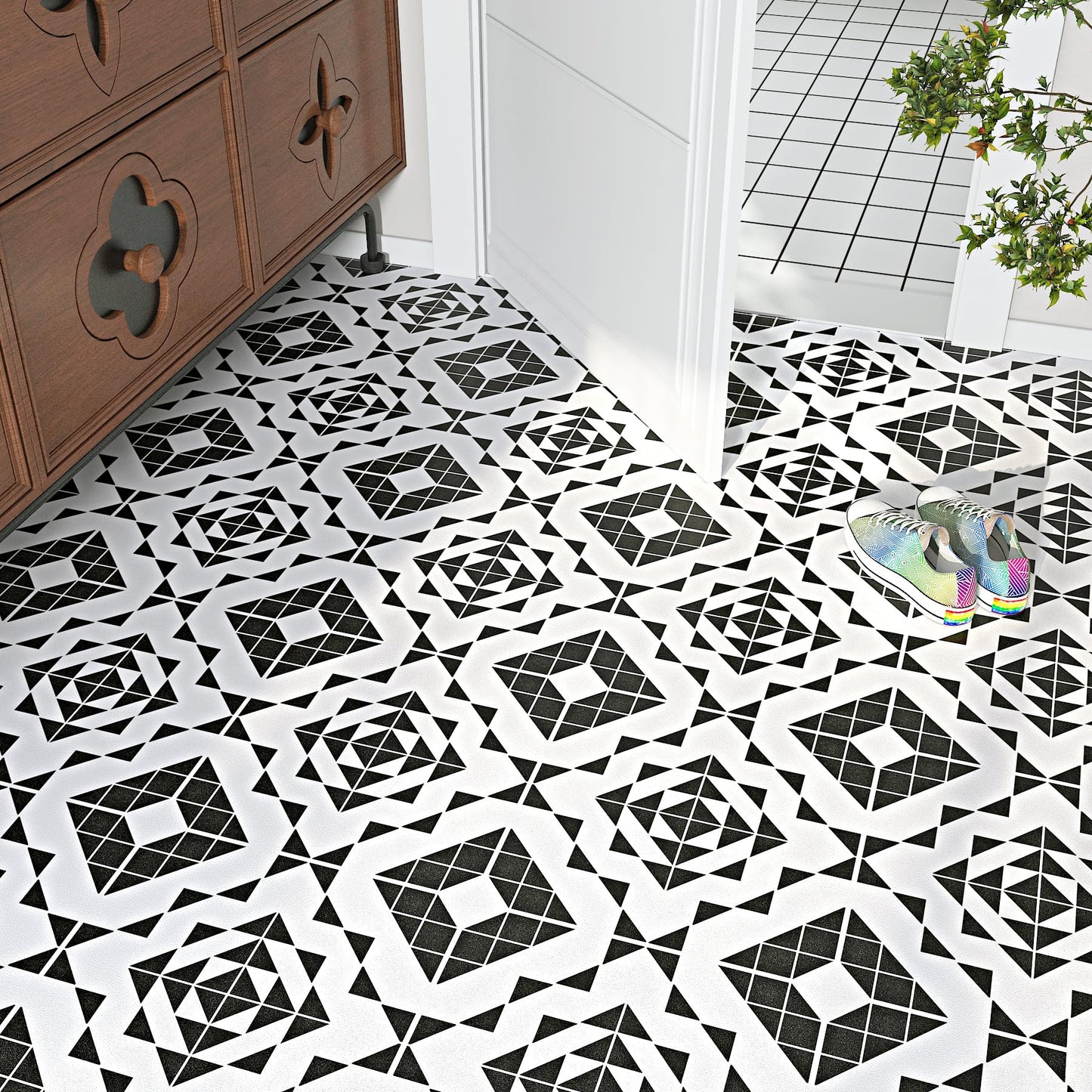 LaCheery 12x177 Vinyl Flooring Roll Waterproof Black and White Floor Tiles Peel and Stick Waterproof Bathroom Floor Tile Peel and Stick Flooring Tiles Renter Friendly Tile Stickers for Kitchen Garage