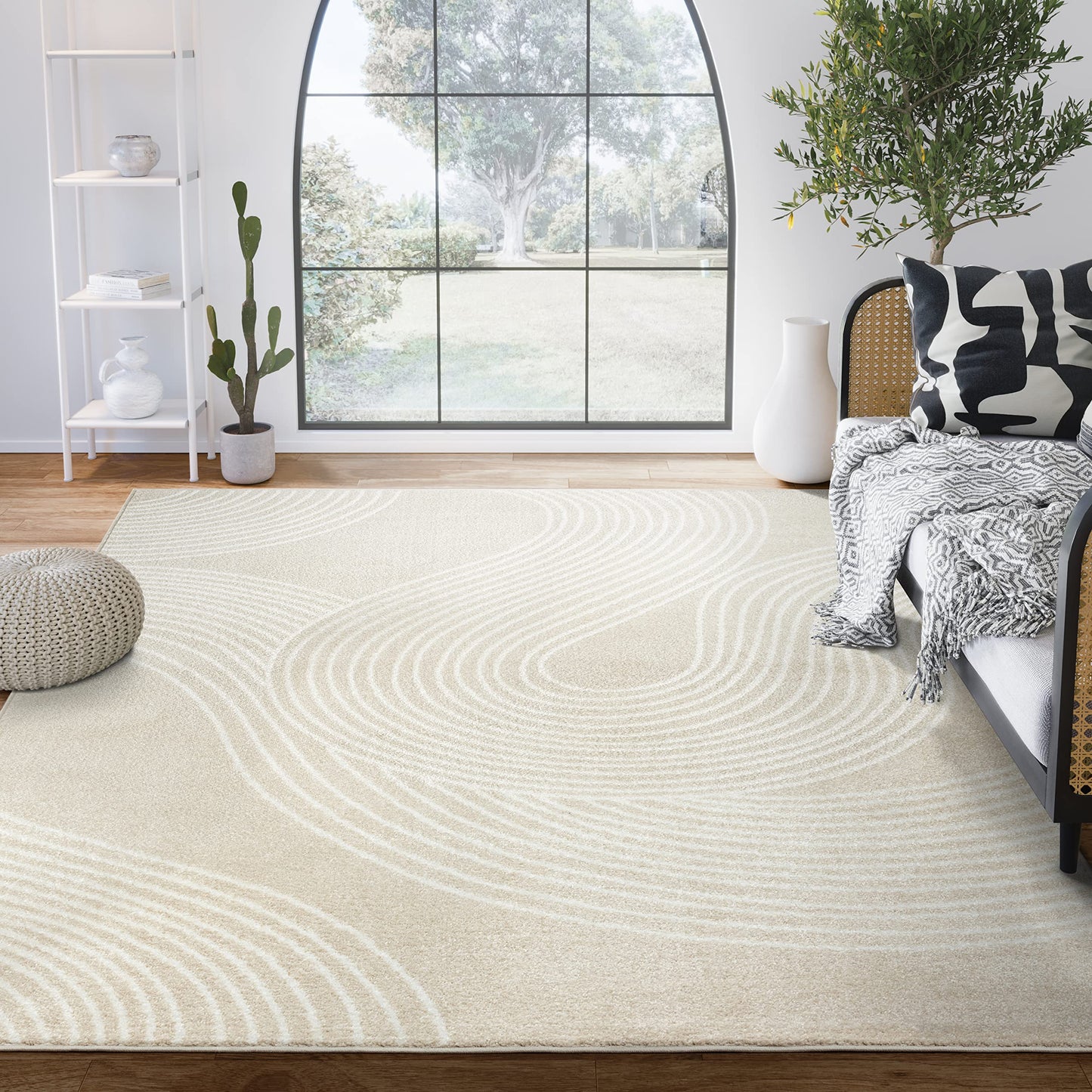 Abani Beige and White Swirl Area Rug | 5'3" x 7'6" Cream Carpet with Wave Pattern | Modern Rug for Living Room, Bedroom and Office | Nuevo Collection