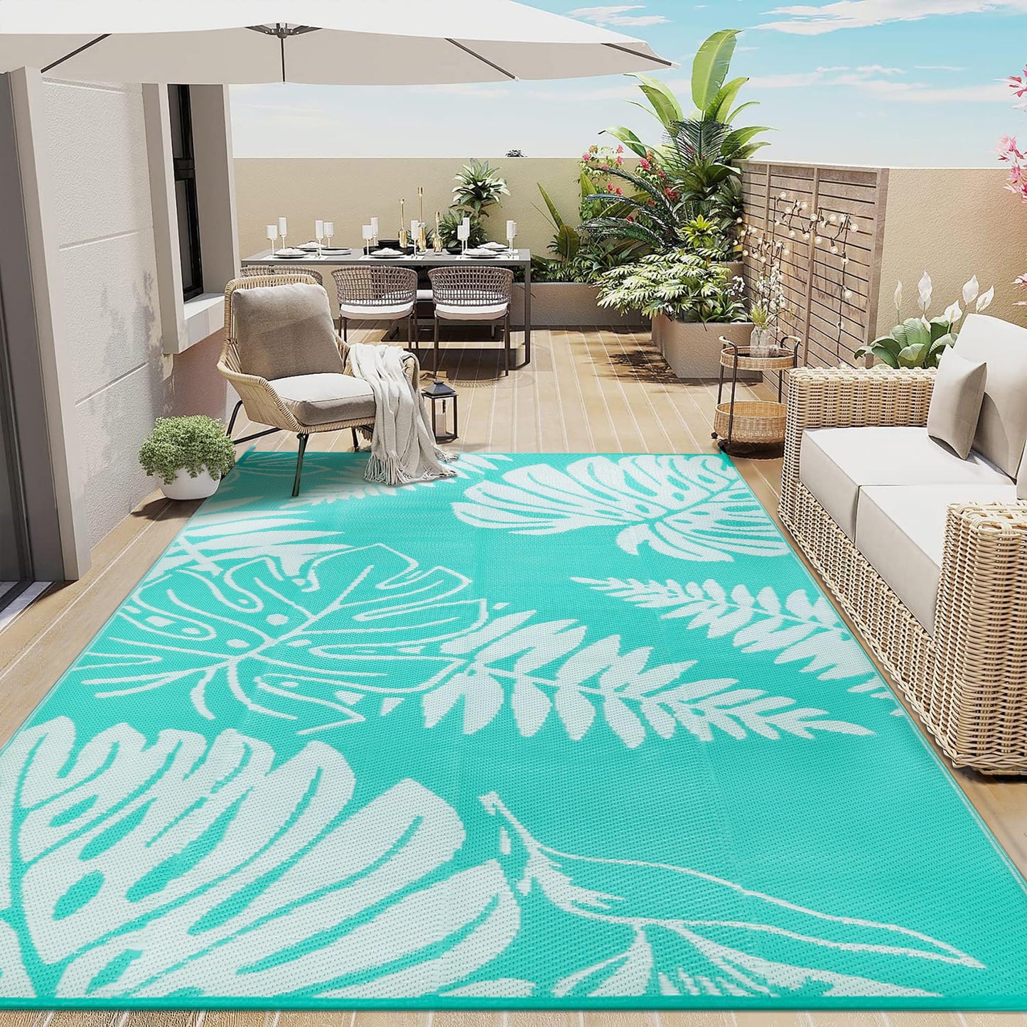 PureCozy Outdoor Plastic Straw Rug Leaf Waterproof Teal Blue Outside Patio 6x9 Carpet Tropical Reversible Mat Washable Large for Camping RV Porch Deck Balcony Beach