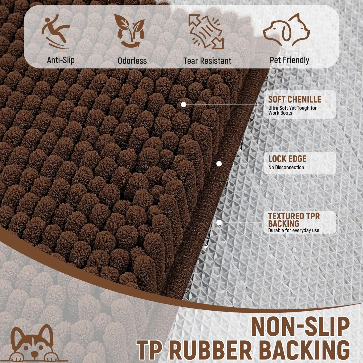 HOMEK Absorbent Dog Door Mat for Muddy Paws, 72" x 36" Chenille Indoor Mats for Entryway, Trap Dirt Front Door Mat Indoor Entrance Washable Non Slip Soft Brown