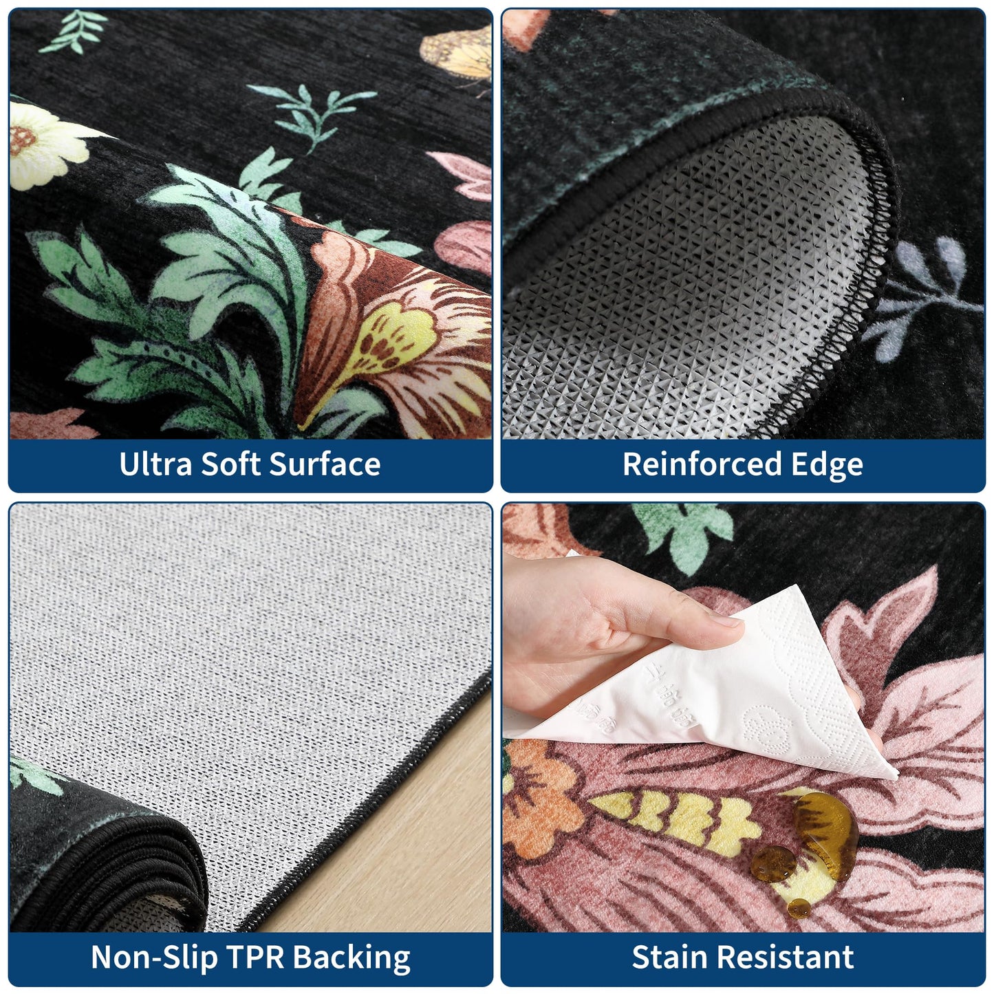 IDEALHOUSE Washable Area Rug, Soft Pearl Velvet Carpet, Non Slip Low Pile, Stain Resistance, Machine Washable Foldable Rug, Floral Pattern Modern, for Living Room, Bedroom, Dining Room, Black
