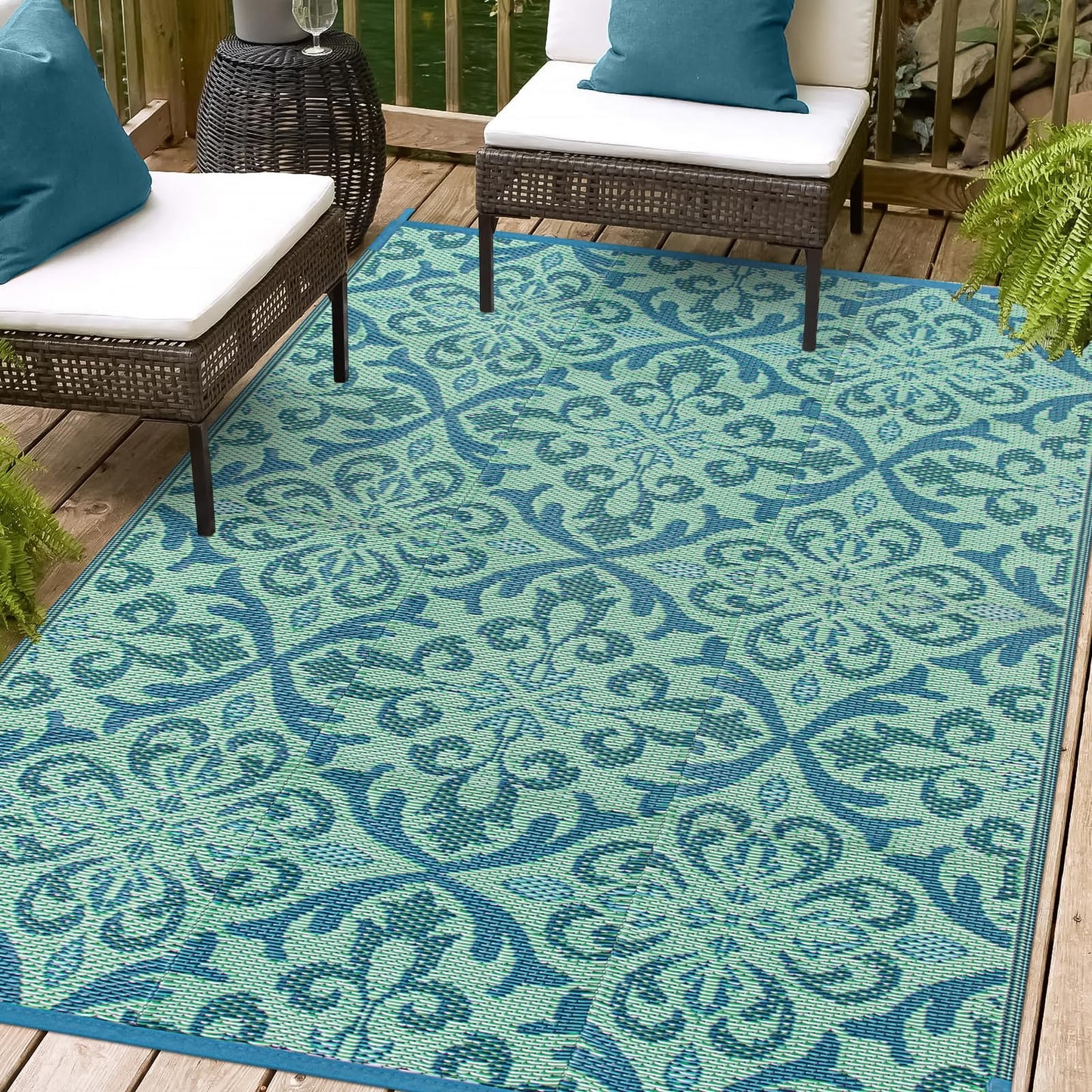 Lahome Waterproof Outdoor Rug 6x9 ft, Reversible Plastic Straw Patio Rug for Camping, RV Mat Outside, Indoor Outdoor Carpet for Porch Deck Backyard Camper Picnic, Light Blue and Green 6x9