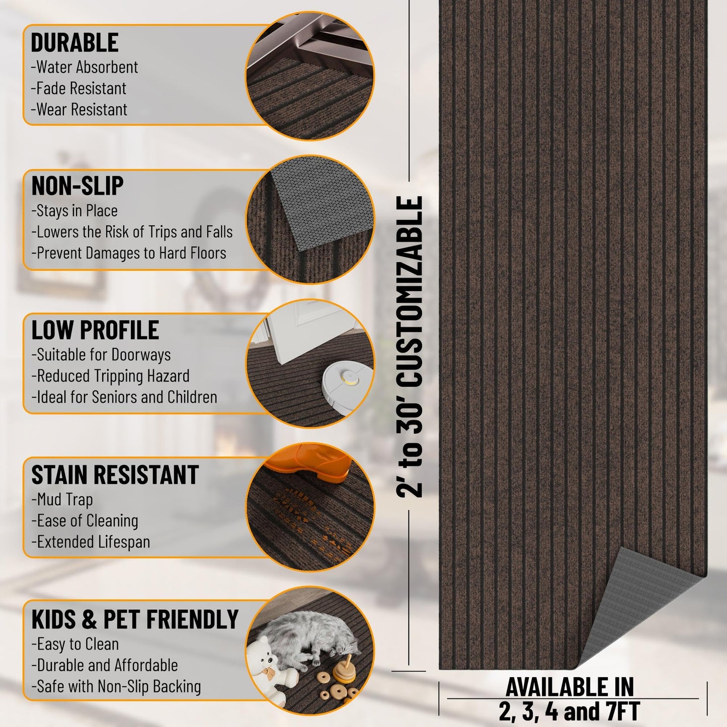 Ottomanson 2' x 12' Hallway Runner with Scraper Pile Extra Durable Non-Slip Rug Mat for Indoor & Outdoor Use - Ideal for Kitchen, Entryway, Patio & Garage - High-Traffic Carpet, Brown