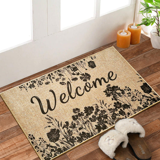 Floral Doormat Vintage Wildflower Welcome Mats for Front Door Boho Spring Summer Indoor Outdoor Rug 17"x30" Linen Non Slip Floor Rugs for Outside Entryway Porch Rustic Farmhouse Home Decoration