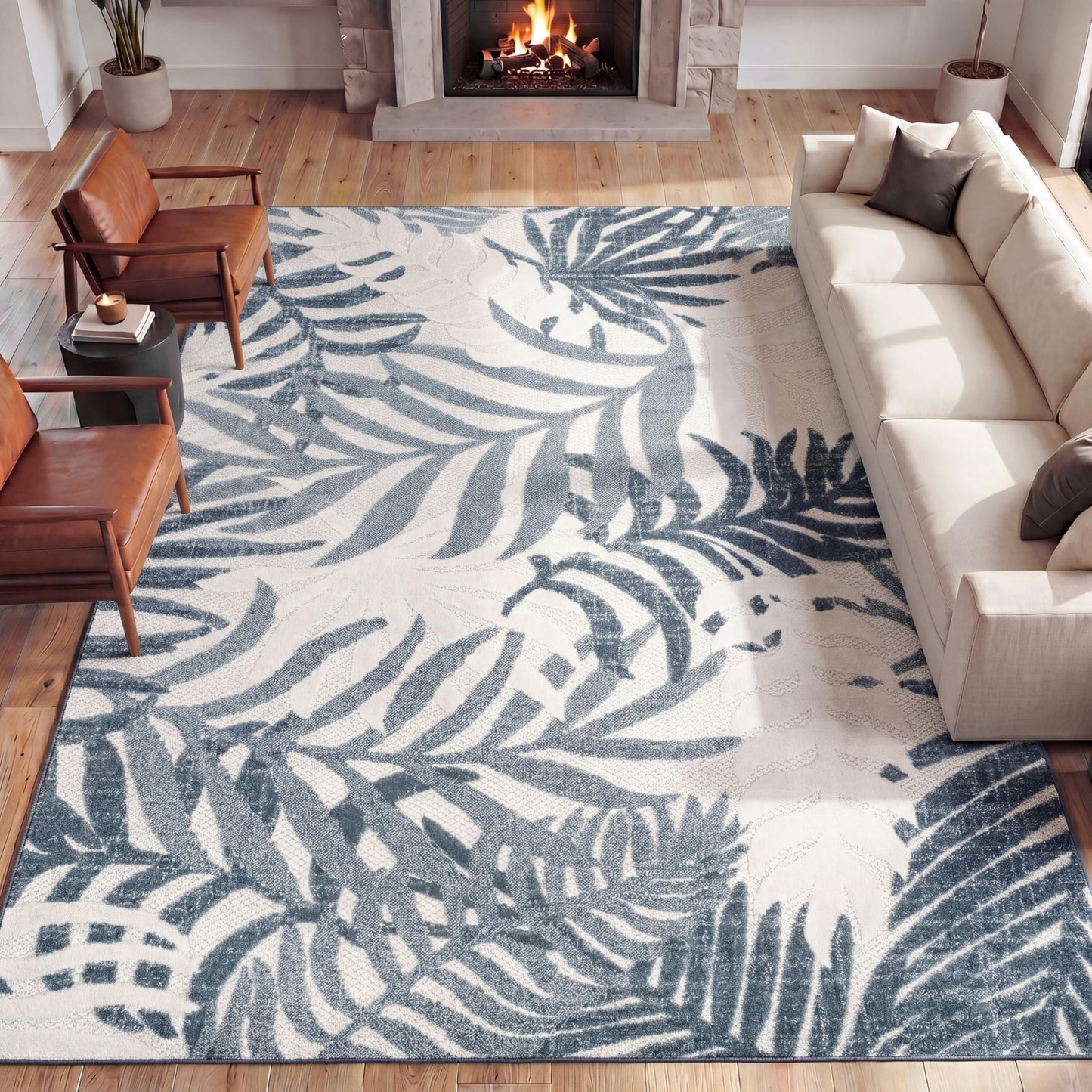 JONATHAN Y Tropics Palm Leaves Indoor Outdoor Area Rug 8X10 Cream/Dark Blue, Boho for Backyard, Patio, Porch, Easy-Cleaning, High Traffic, Pet-Friendly, Non-Shedding (AMC100F-8)