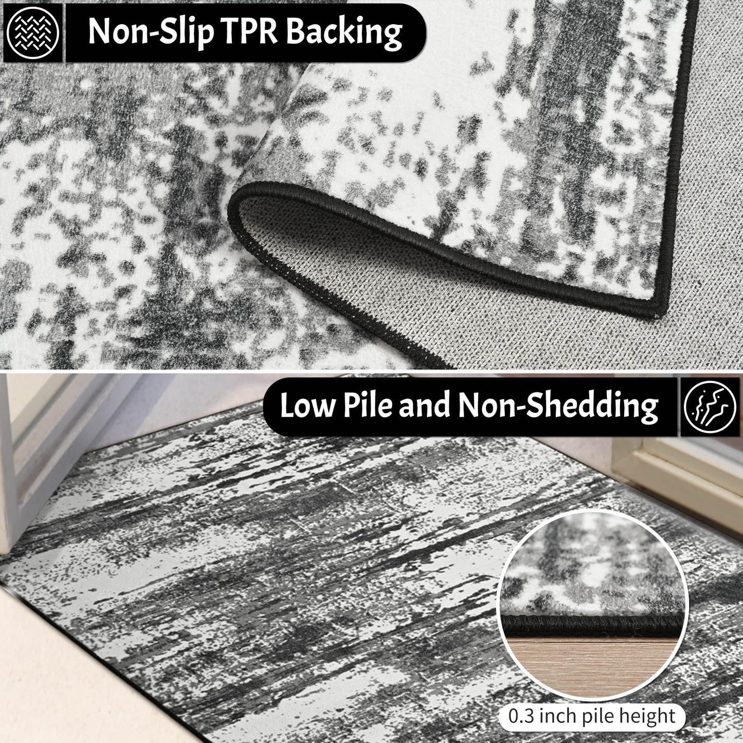 Runner Rug 2x6 Washable Rug Runners for Hallways Kitchen Non-Slip Rugs Abstract Print Soft Faux Wool Carpet Runner for Entryway Indoor, Bedroom Bedside, Laundry, Dorm, Home Decor (Black and Grey)