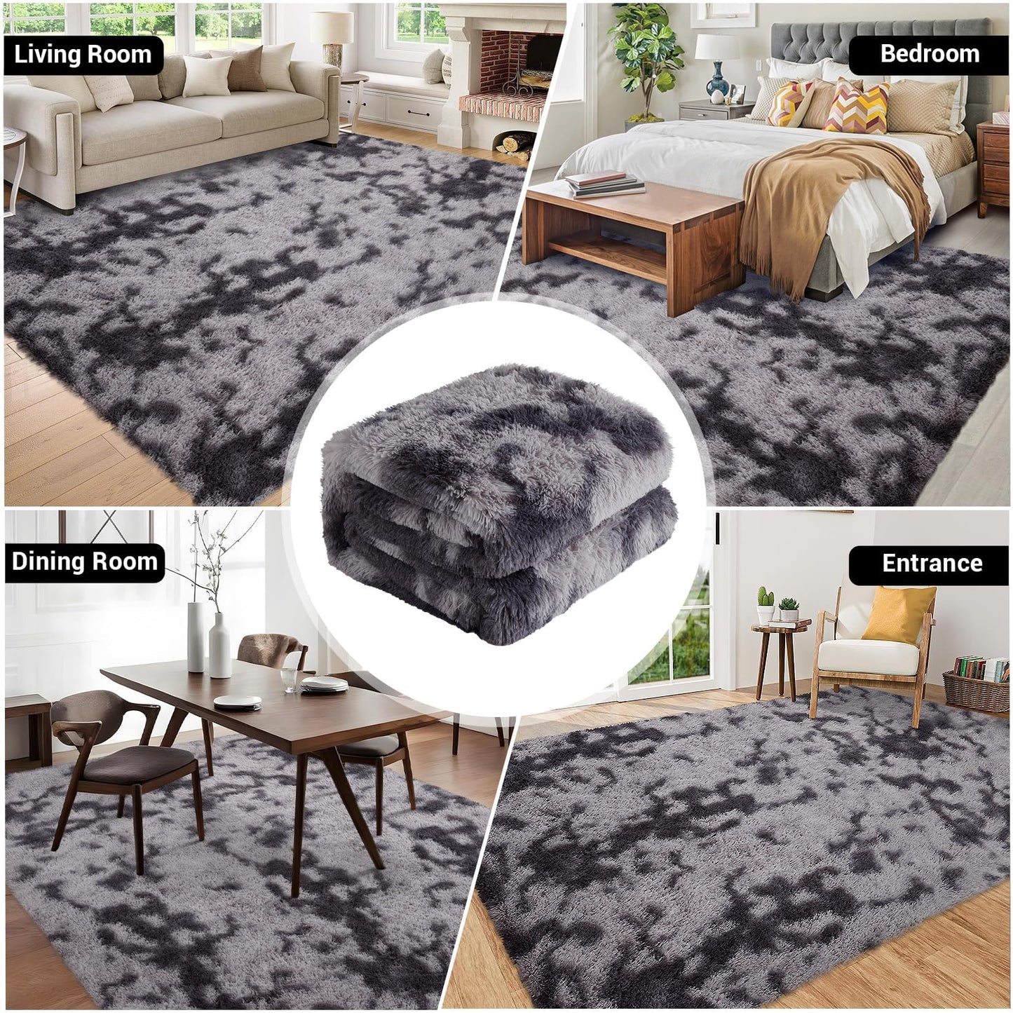 Garvee 6'x9' Large Fluffy Tie-Dye Shaggy Area Rug for Living Room, Soft Fuzzy Plush Rug for Dining Room & Playroom, Aesthetic Carpet, Non-Shedding, Machine Washable, Tie-Dyed Dark Grey