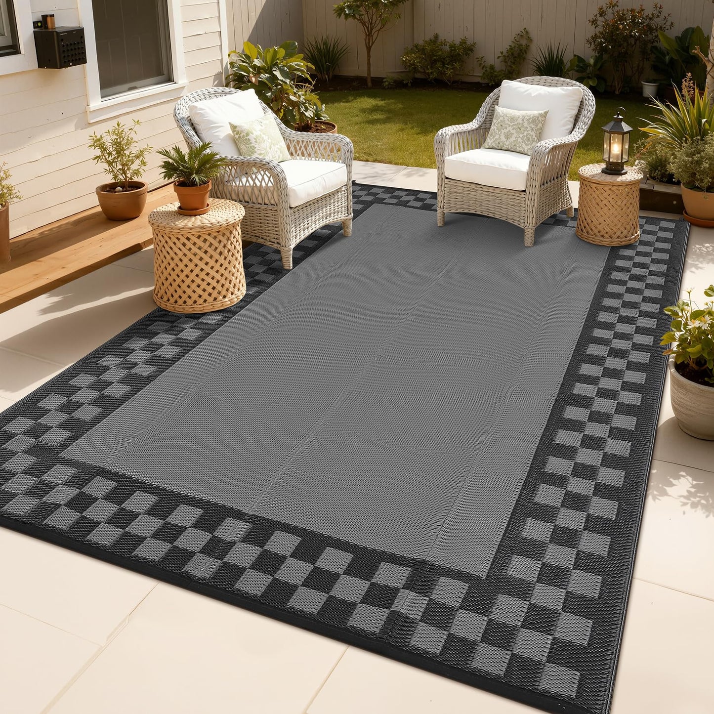 9x12 Outdoor Rug Waterproof Foldable Plastic Straw Carpet for Patio Porch Modern Checkered Reversible Mat Lightweight Floor Mat for Picnic, Backyard, Rv, Beach, Deck, Camper, Balcony, Grey