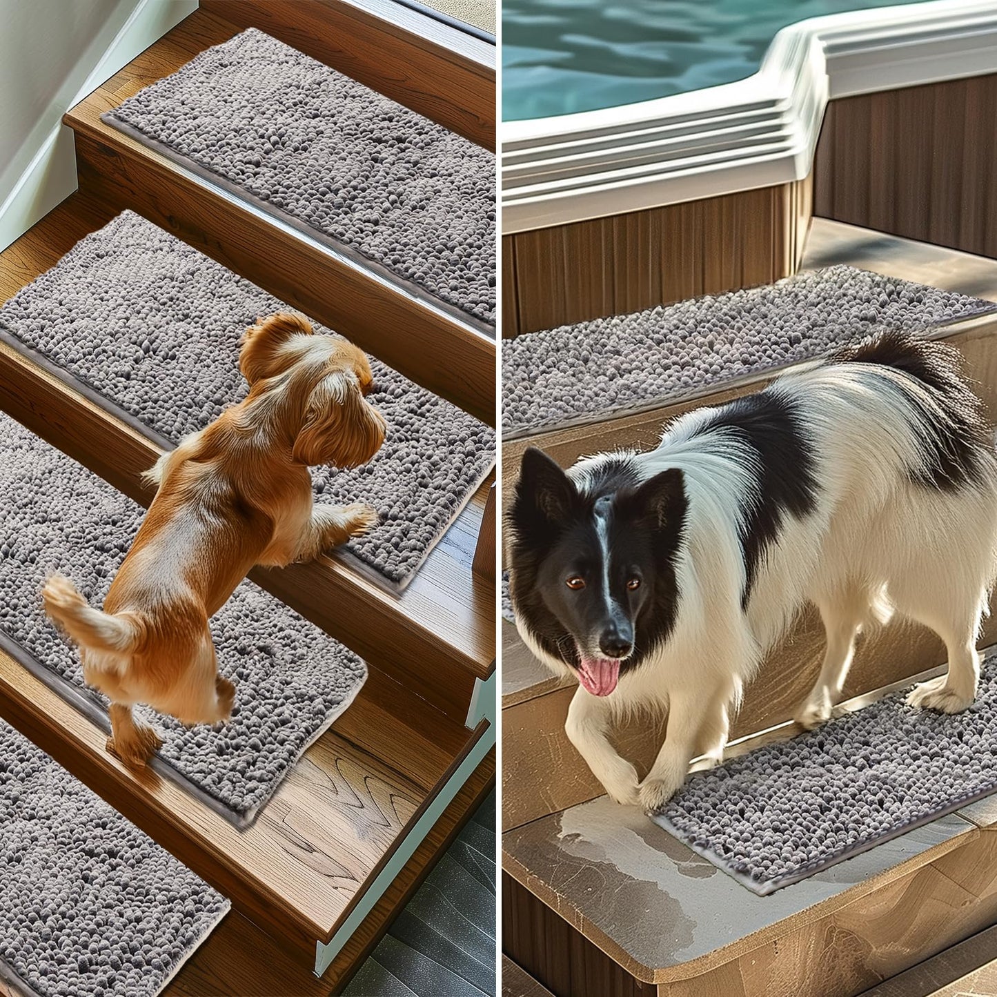 Muddy Mat® Pack of 4 - Soft Chenille Stair Treads Non-Slip Reusable, Super Absorbent Stair Treads for Wooden Steps, Tile & Marble Floor, Easy to Install & Machine Washable - Grey 30'' x 7''
