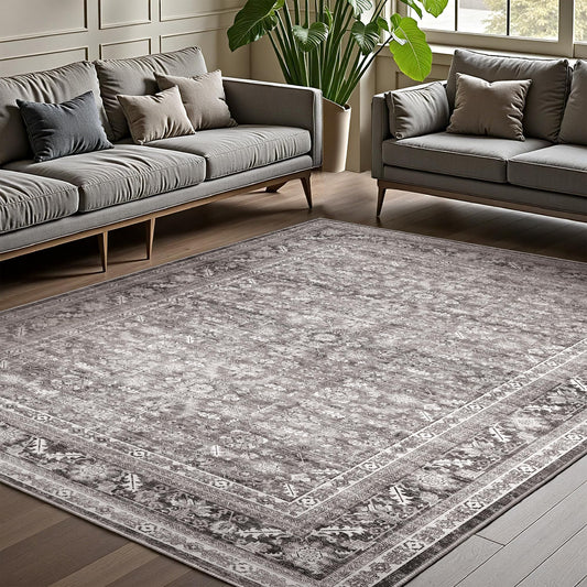 OPPODREAM Vintage Grey Area Rugs 9x12, 9 x 12 Retro Washable Rug Non Slip, Low-Pile Faux Wool Carpet, Distressed Gray Floor Mat for Living Room, Bedroom, Office, Dorm, Dinning Room, Big & Large