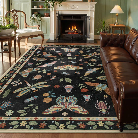 Lahome Insect Washable Rugs for Living Room, Soft Area Rug 6x9 Rug for Bedroom Ultra-Thin Non Slip Dining Room Rug, Stain Resistant Black Rug Large Carpet for Office Nursery Vionnet(6'x9',Black)