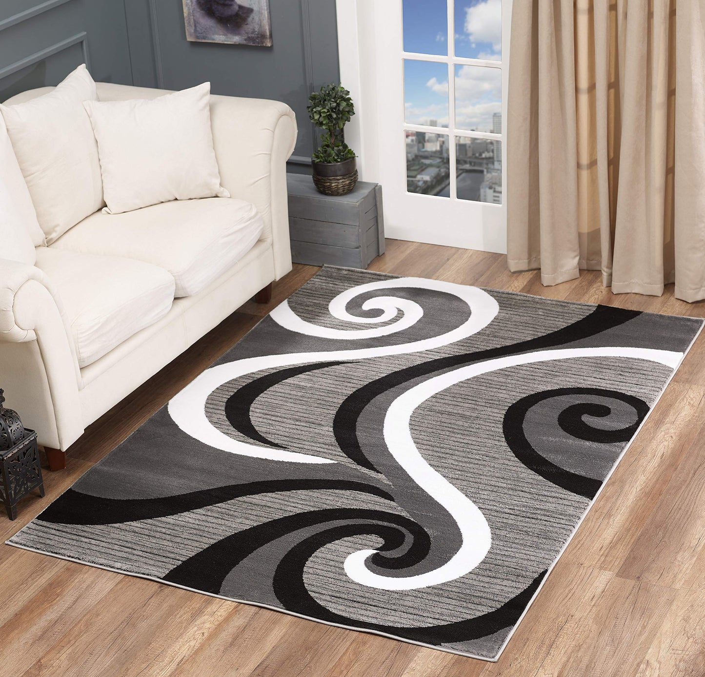 GLORY RUGS Modern Area Rug Swirls Carpet Bedroom Living Room Contemporary Dining Accent Sevilla Collection 4817 (4x6, Grey Black)