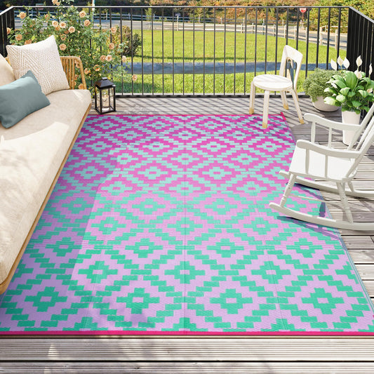 Anidaroel Ombre Outdoor Area Rugs 8x10 Waterproof, Reversible Plastic Straw Outside Rug for Patios Clearance, Large Outdoor Area Rug for RV Camping, Picnic, Camper, Backyard(Green&Pink,8‘x10')