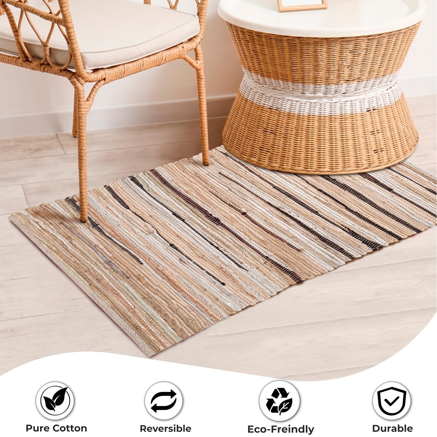 Cotton Hand Woven Chindi Rug 2x3 Feet - Beige, Decorative Soft Throw Indoor Floor Rag Rugs Ideal for Entryway, Kitchen, Kids Room | Durable Lightweight Neutral Home Space Dhurrie for Costal Décor