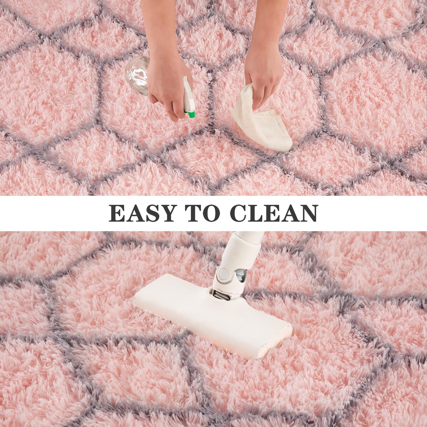 ARKIIKI Fluffy Rug for Bedroom Living Room, 4x6 Pink Soft Area Rug, Machine Washable Shag Geometric Fuzzy Kids Non Slip Carpet Home Decor Aesthetic, Plush Floor Mat for Nursery Teen Dorm, Pink/Grey