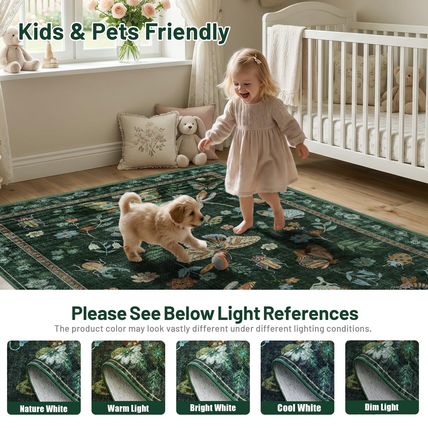 AIMPEAK Insect Washable Rugs 8x10 Dark Green, Soft Butterfly 8x10 Area Rugs for Living Room Indoor, Non Slip Bug Bedroom Rug Under Bed Thin Large Carpet with Flowers for Dining Room Office Playroom