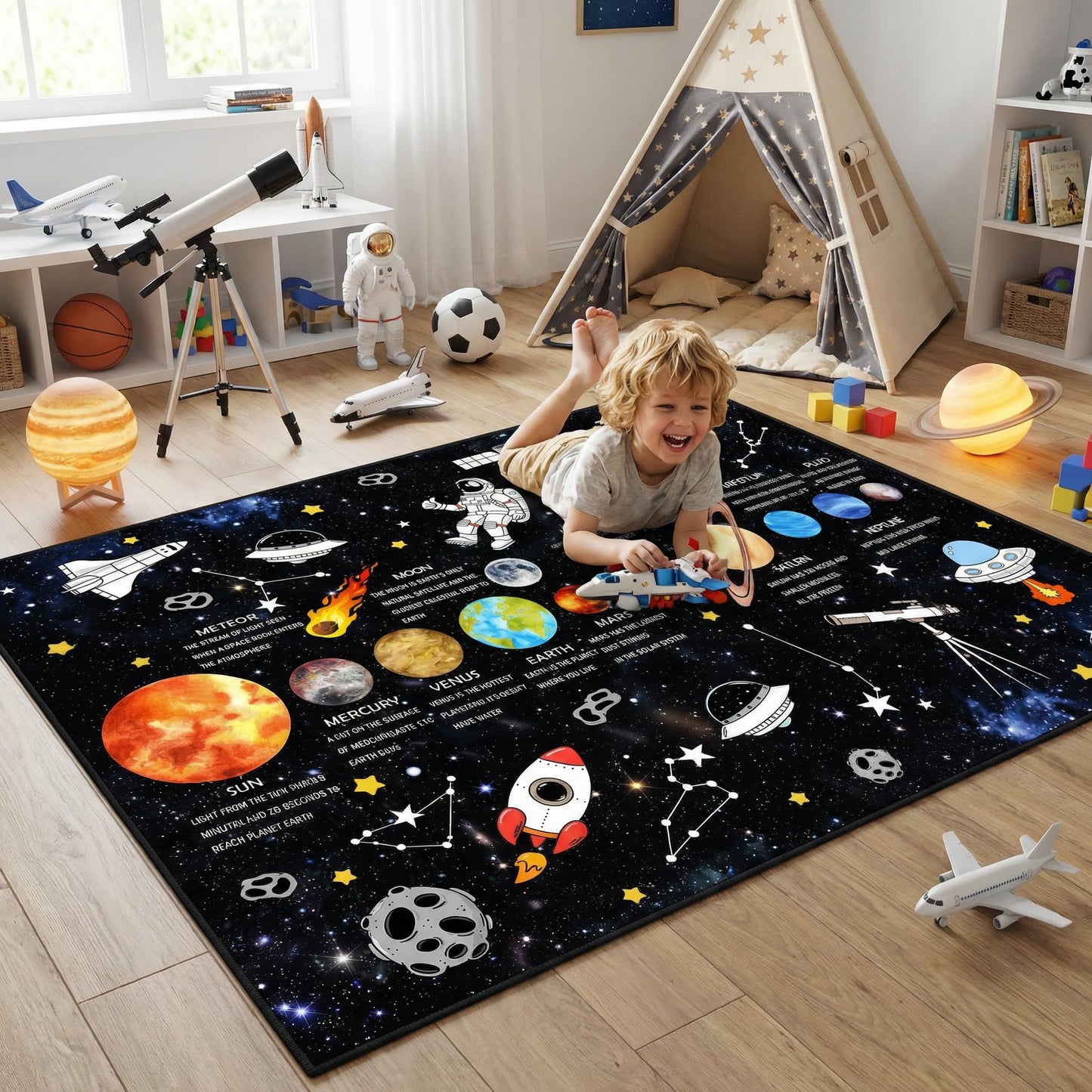 5x7 Ft Space Kids Rug for Boys Room, Playroom, Classroom, Nursery, Daycare, Educational Non-Slip Play Mat Carpet for Children Toddler Leaning Solar System, Washable & Soft Galaxy Star Rug-Faux Wool