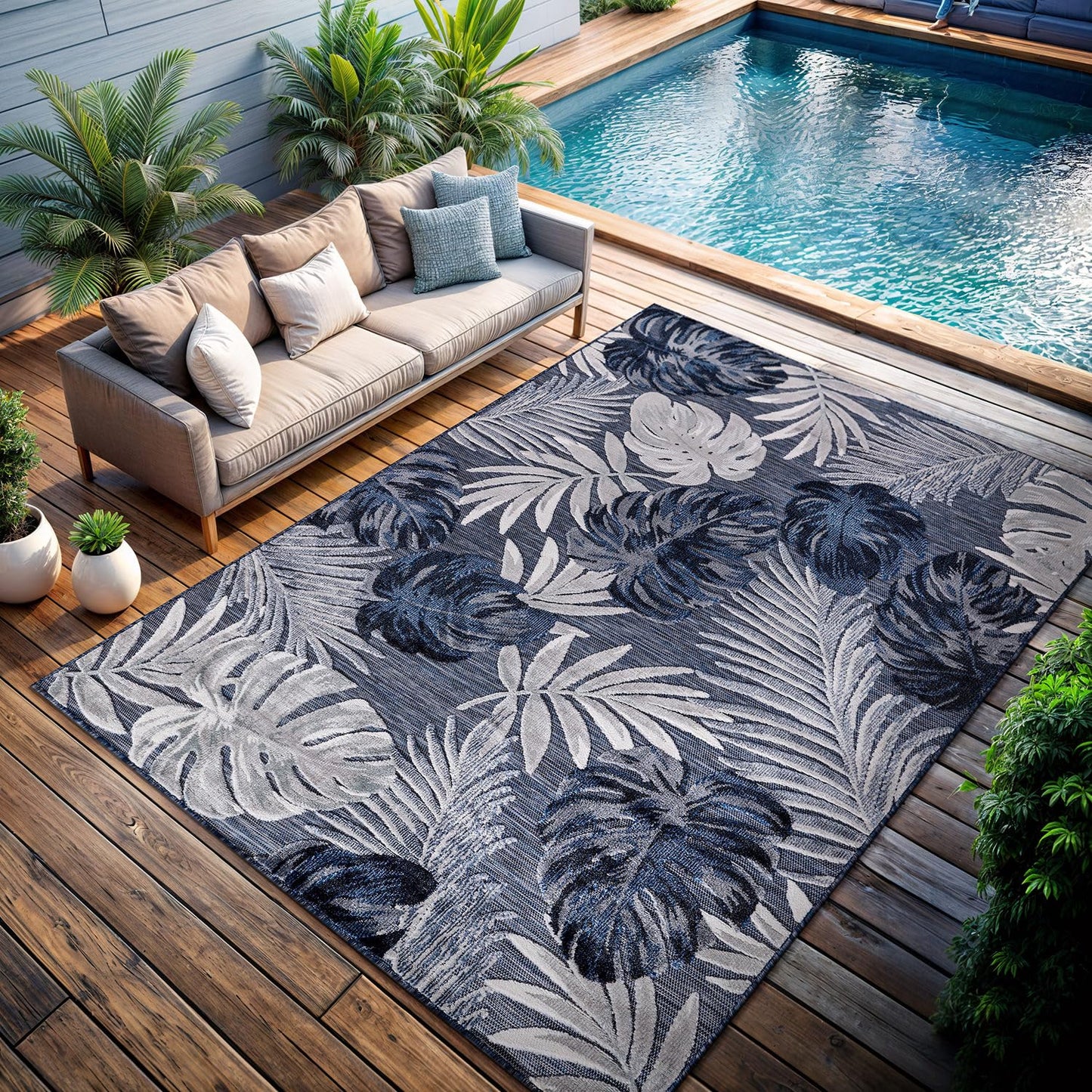 CAMILSON Indoor Outdoor Rug, Navy 7’10”x10’ Leaf Tropical Botanical Area Rugs for Indoor and Outdoor patios, Easy-Cleaning Non-Shedding Living Room, Garden and Kitchen Washable Outside Carpet (8x10)