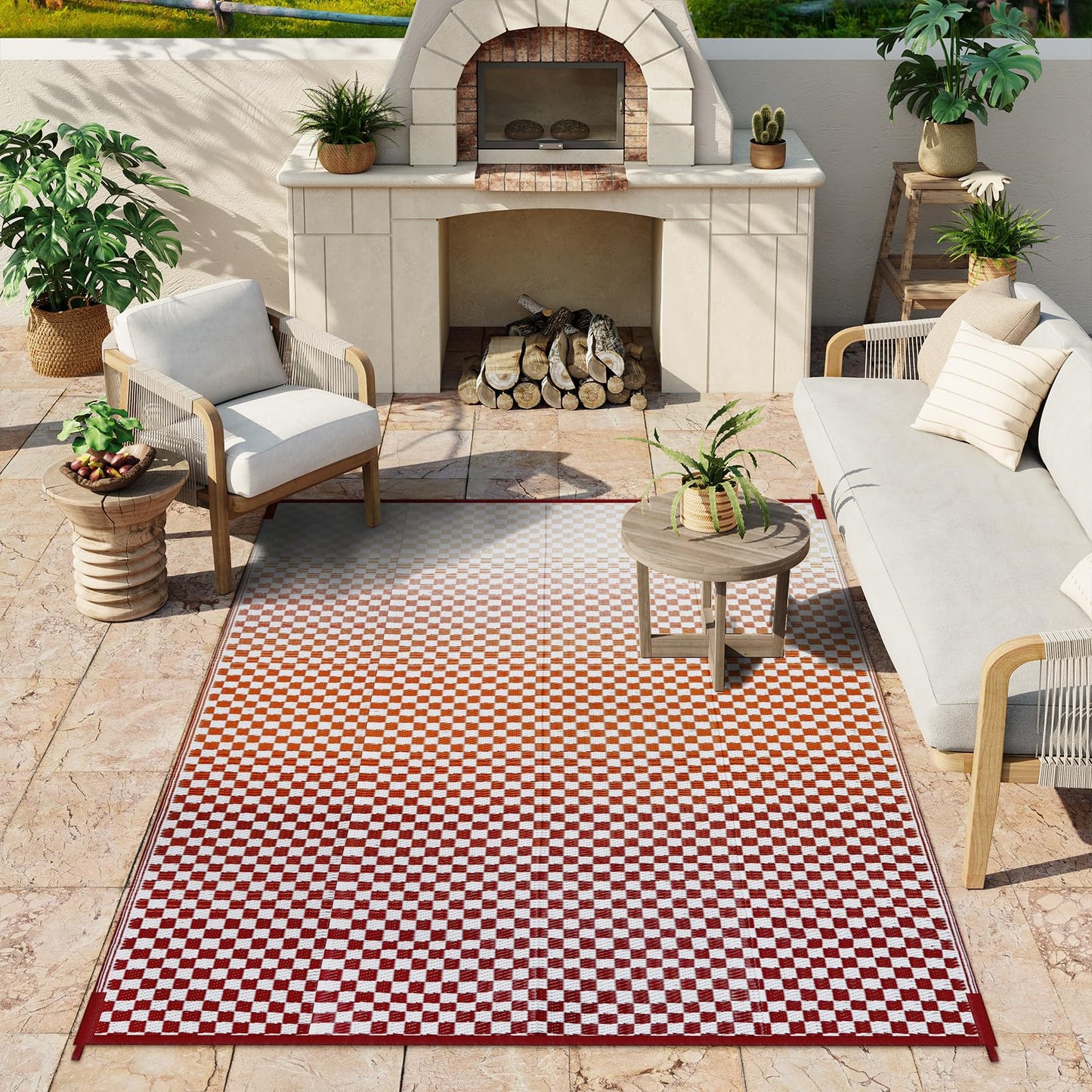 Wonnitar Waterproof Outdoor Rug 6x9 - Orange Red Gradient Checkered Camping RV Rug, Outside Patio Plastic Straw Mat for Balcony, Lightweight Reversible Portable Deck Carpet