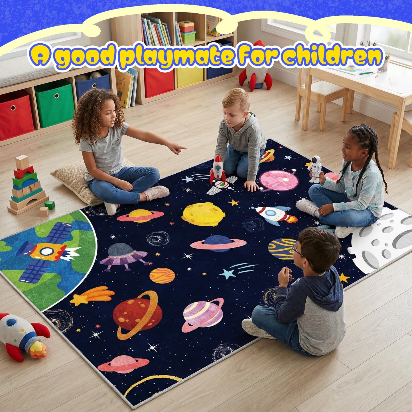VNUVCOE Space Kids Car Rug Playmat Carpet, 31''x47'' Playroom Planet Rug for Playing Cars Toys, Educational Area Rugs for Bedroom Classroom Toddlers.