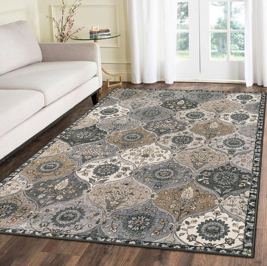 Lahome Moroccan Trellis Washable Area Rug, 5x7 Rugs for Living Room Indoor Non-Slip, Large Oriental Accent Throw Carpet for Bedroom Entryway Bathroom Office Elise, Grey