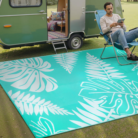 PureCozy Outdoor Plastic Straw Rug Leaf Waterproof Teal Blue Outside Patio 6x9 Carpet Tropical Reversible Mat Washable Large for Camping RV Porch Deck Balcony Beach