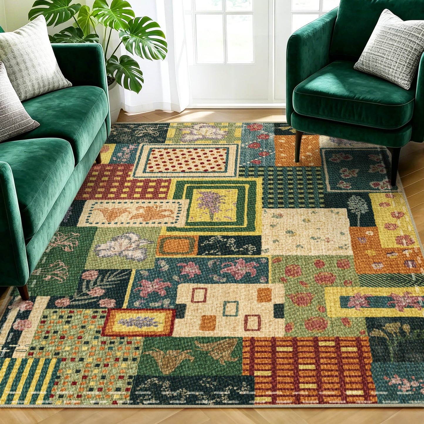 Quntue Washable Easy Jute Layering Rug for Front Porch 4x6 Farmhouse Patchwork Outdoor Patio Rug Non Slip Boho Floral Indoor Outdoor Carpet for Living Room, Bedroom, Balcony, Dining, Office