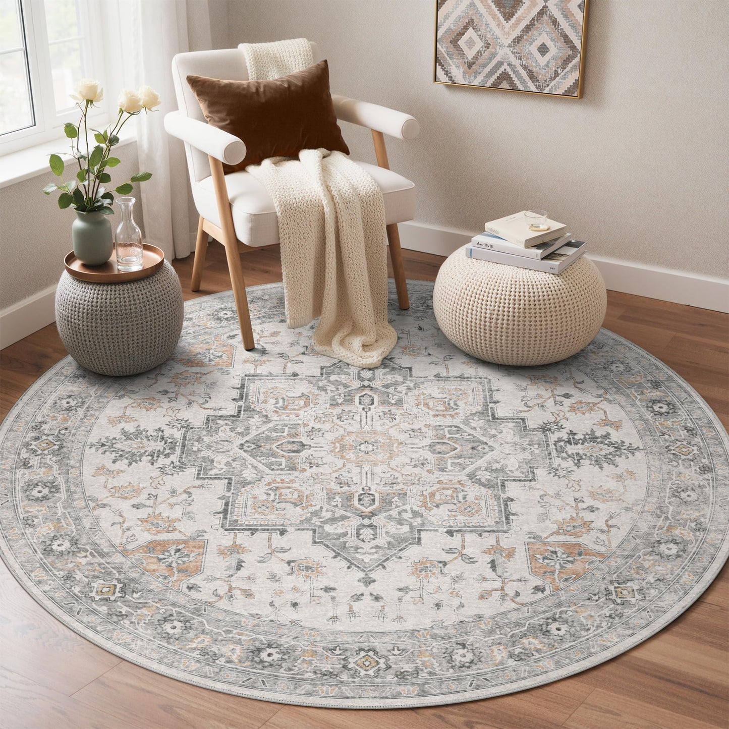 GENIMO 5FT Round Area Rugs for Living Room, Circle Rugs Machine Washable Low Pile, Non Slip Vintage Rug for Bedroom, Dining Room, Home Office, Light Taupe Brown