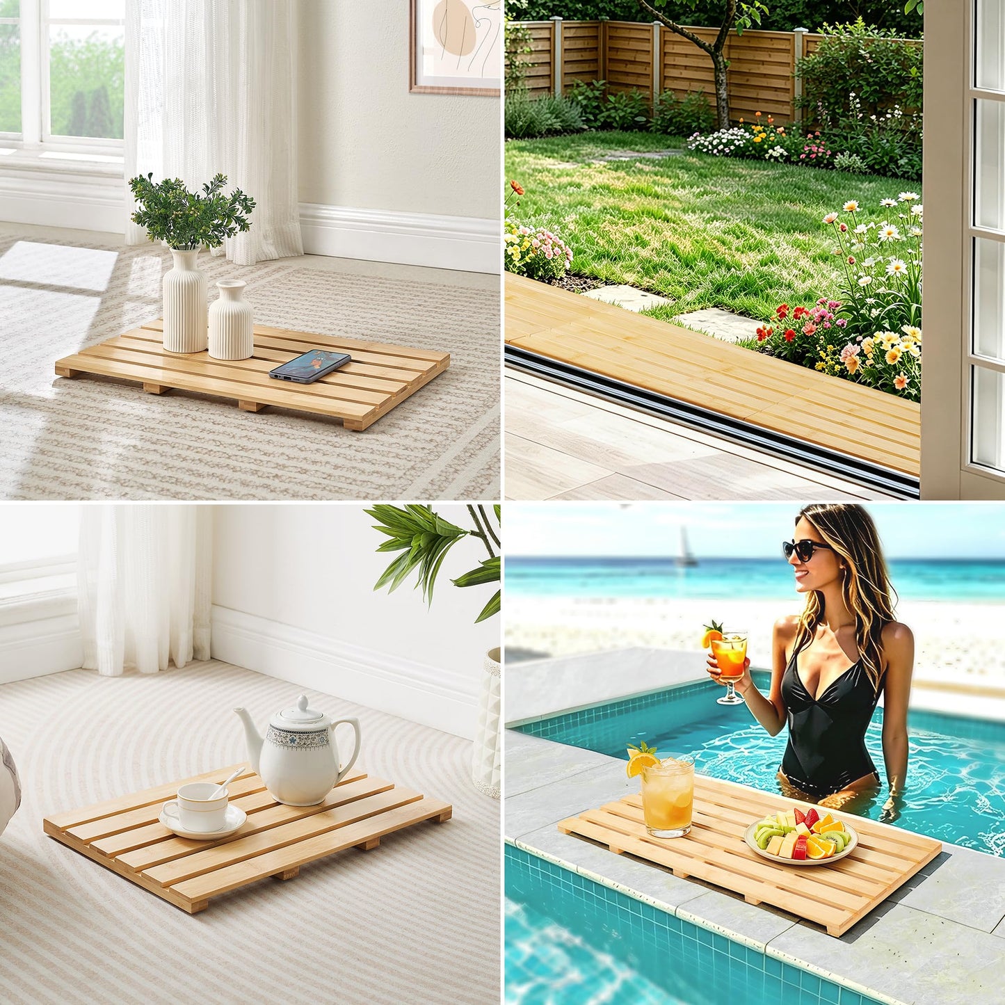 Yampos Bamboo Bath Mat, Non-Slip Waterproof Shower Mat with Rubber Feet Luxury Spa-Grade Wooden Floor Mat for Bathroom, Bathtub, Sauna, Indoor & Outdoor Use